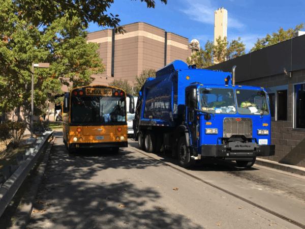 Trash truck and school busTrash truck and school bus