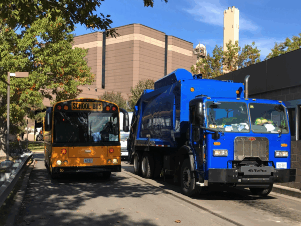 Trash truck and school busTrash truck and school bus