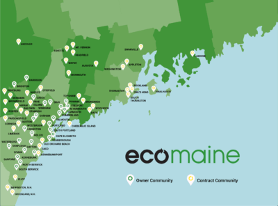 A stylized map of the Maine coast showing the communities that are a part of Ecomaine
