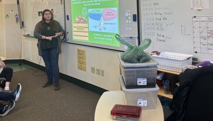 School_Program_Presentation Erika Schaper gives a presentation to a local school about the importance & benefits of composting, as a part of Ecomaine's offered programming