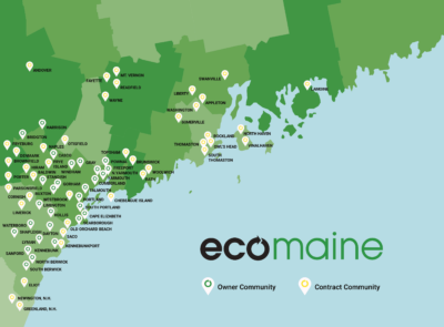 A stylized map of all of ecomaine's member and contract communities, who bring their waste and recycling to their facilities in Portland, ME.
